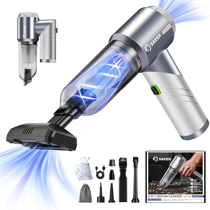 Saker Handheld Car Vacuum Portable Cordless17000Pa HL132 Silver | Small Car Vacuum with Brushless Motor,Air Duster Blower,Rechargeable Foldable Vacuum Cleaner,for Home, Office Pet