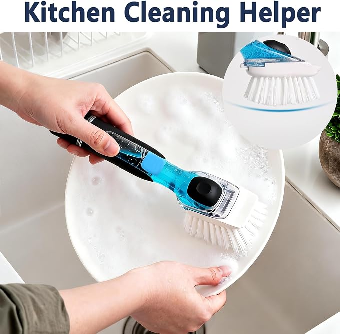 Dish Brush Refill Head 4 Pack Compatible with OXO Dish Brush Head | Stiff nylon bristles, built-in scraper, twist-to-replace mechanism, durable plastic, for soap dispensing models