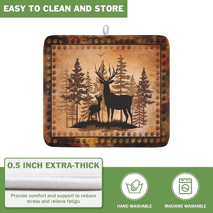 Giwawa Forest Deer Dish Drying Mat Wildlife Animal Dishes Pad 16"x18" Microfiber Absorbent Fast Dry Drainer Rack Mats for Kitchen Countertop Decor