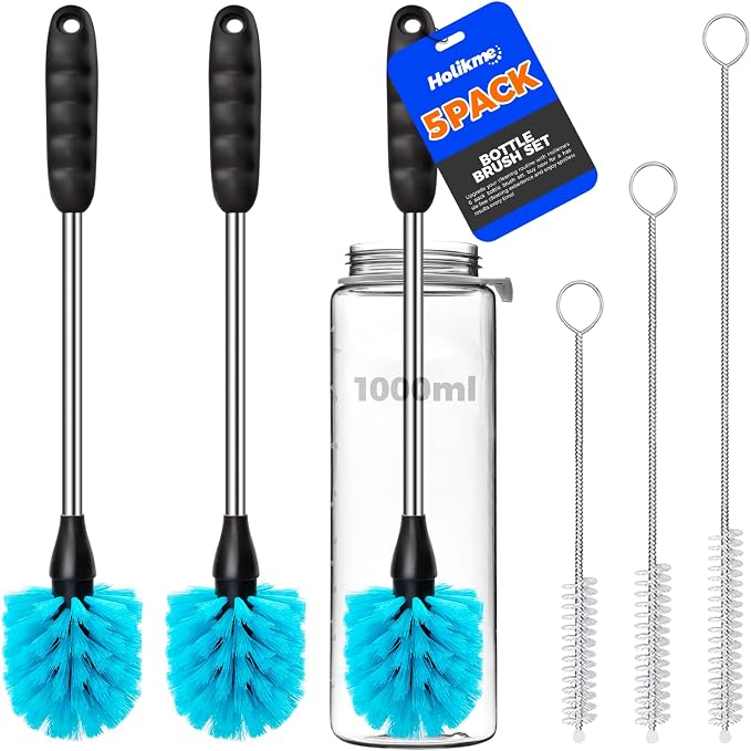 Holikme 5 Pack Bottle Brush Cleaner Set, 14" Long Handle Stainless Steel Bottle Cleaner Brush, 3 Straw Brushes, Bottle Cleaning Brush for Water Bottle, Cups, Baby Bottle, Straws Blue