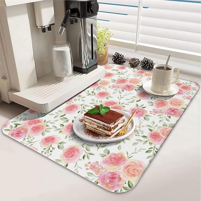 Dish Drying Mat 2-Pack in Rose Floral for Kitchen Counter Dishes Mat | Diatom Mud Mats (18x24, 19.5x12"). Non-slip rubber back for kitchen counter, coffee bar & sink scenes