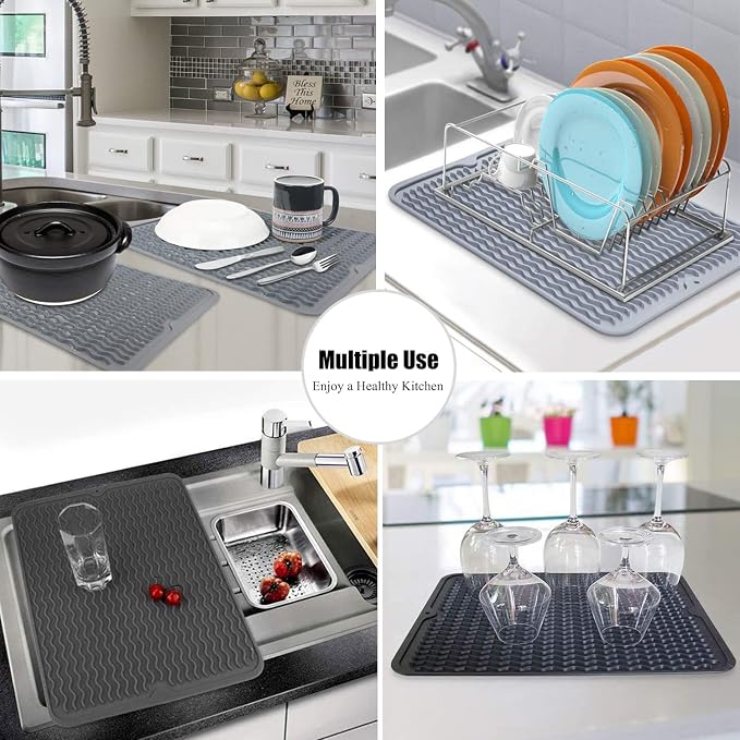 Large 17" x 14" Silicone Dish Drying Mat for Kitchen Counter, Easy clean, Quick Dry, Heat-resistant Dish Drainer Mat for Sink,Refrigerator or Drawer liner (Food Grade Silicone-Translucent)