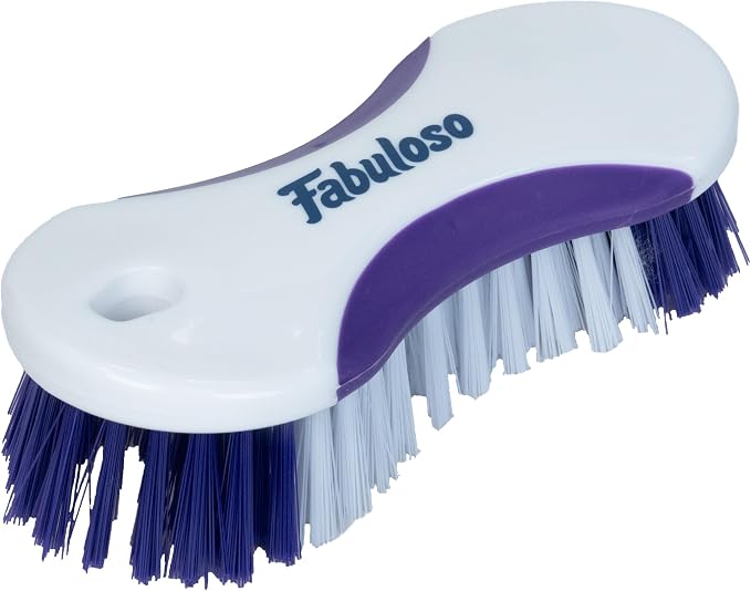 Fabuloso Compact Hand Scrub Brush, White and Purple, 6 Inch | Easy-grip rubber texture with firm bristles for kitchen, bathroom, tile, and baseboards