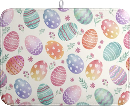 Easter Dish Drying Mat for Kitchen Counter Easter Spring Colorful Eggs Floral Drying Mats Absorbent Reversible Microfiber Washable Draining Pad Washable Dry Mat 18x24 Inch