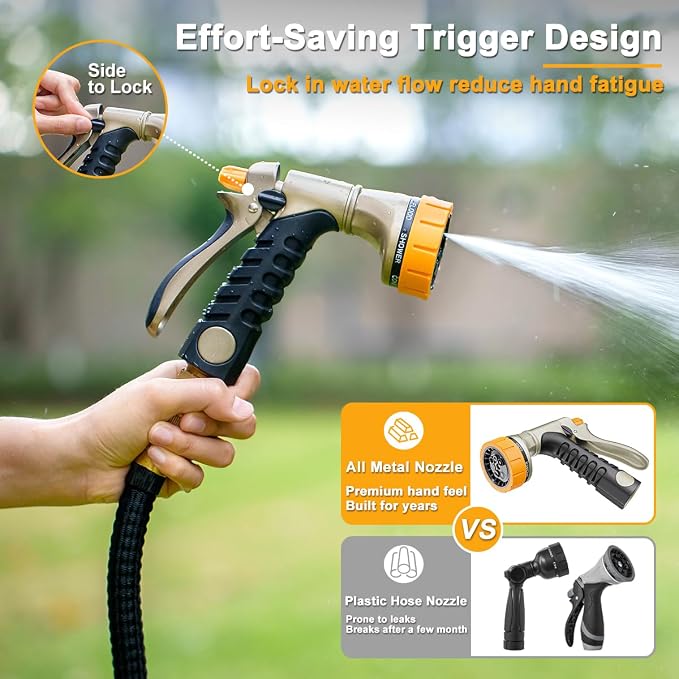 FANHAO Metal Garden Hose Nozzle Heavy Duty, Rear Trigger Water Sprayer | 7 Adjustable Spray Patterns, Flow Control, Hands-Free Lock, Ergonomic Anti-Slip Soft Grip Water Nozzle for Garden, Car & Pet