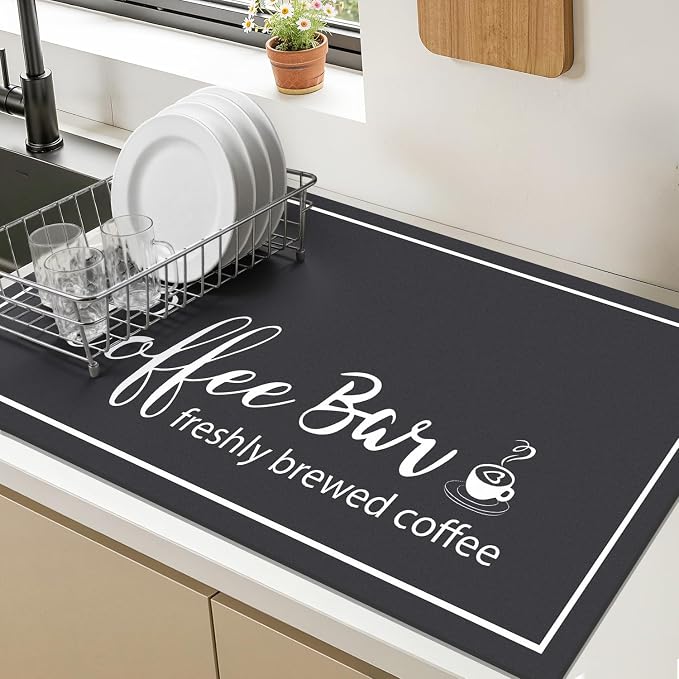 Findosom Dish Drying Mat, 17"x 32" Super Absorbent & Hide Stain Coffee Mat, Cuttable Drying Mat for Kitchen Counter, Coffee Bar Accessories, Under Dish Rack, Coffee Maker, Espresso Machine, Black