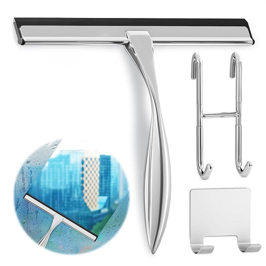 Shower Door Squeegee with Hook, 10" Silicone Blade, Steel (Silver) | Squeegee for Shower Glass with Adhesive Mount; All-Purpose Bathroom Tile, Mirror, & Window Wiper for Streak-Free Cleaning