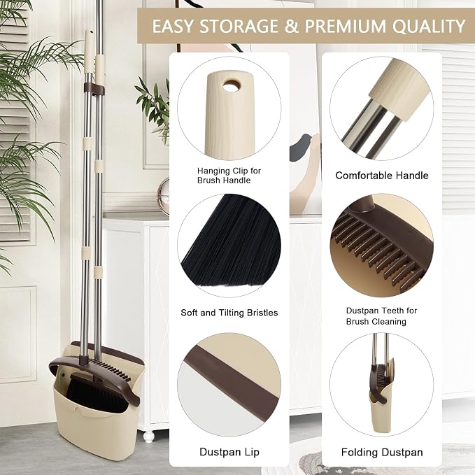 Broom and Dustpan Combo Set,55" Long Handle,Beige | Heavy Dust,Dustpans with Broom Combo,House Accessories for Home, Kitchen,Office,Classroom,Apartment,Pet Hair
