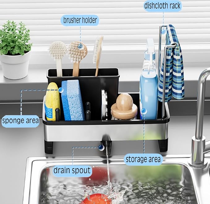 304 Stainless Steel Sink Caddy with Auto-Drain, Rustproof Sink Organizer, Sponge Holder with Removable Brush Holder & Towel Rack, Countertop Storage for Dish Soap Dispenser, Kitchen Sink Accessories
