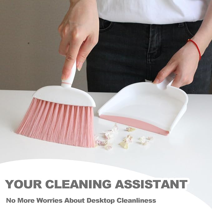 Mini Broom and Dustpan Set Small Broom with Dustpan Combo Set Portable Cleaning Tools for Home Office RV Learning Camping (White+Pink)