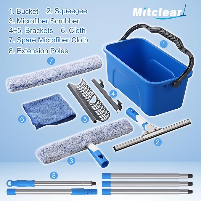 Mitclear Professional Window Cleaning Kit with Bucket 3 Gallon, 14" Window Squeegee Microfiber Scrubber with 77" Long Handle, Window Washing Equipment Cleaner Tools for Home Outdoor Car Commercial Use | Professional Window Washing Equipment, 77'' Long ...