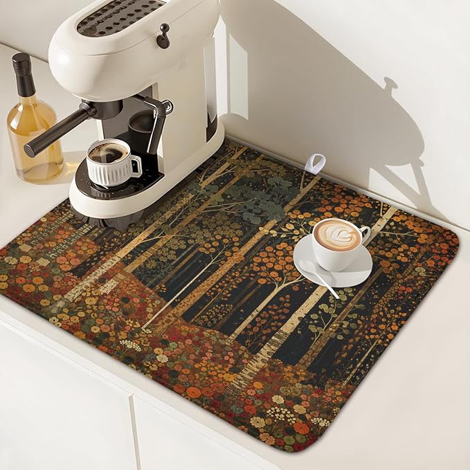 Fall Dish Drying Mat for Kitchen Counter Autumn Forest Vintage Botanical Nature Microfiber Dish Drainer Mat Antique Rustic Farmhouse Absorbent Washable Drying Pad 16"x18"