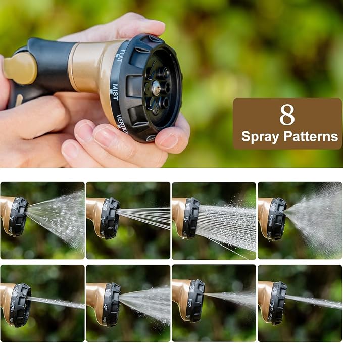 FANHAO Heavy Duty Garden Hose Nozzle, Metal Hose Sprayer Easy Thumb Control | 8 Spray Patterns, Rustproof Water Nozzle, Non-Slip Ergonomic Grip, Elder & Child Friendly for Garden, Car & Pet, Khaki