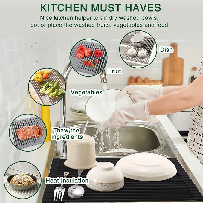 HANZENMA Roll Up Dish Drying Rack Over The Sink Kitchen Roll Up Sink Drying Rack Multipurpose Foldable Sink Drying Mat, Heat-Resistant, Anti-Slip & Anti-Rust Dish Rack for Kitchen, 20.5" x 13", Black