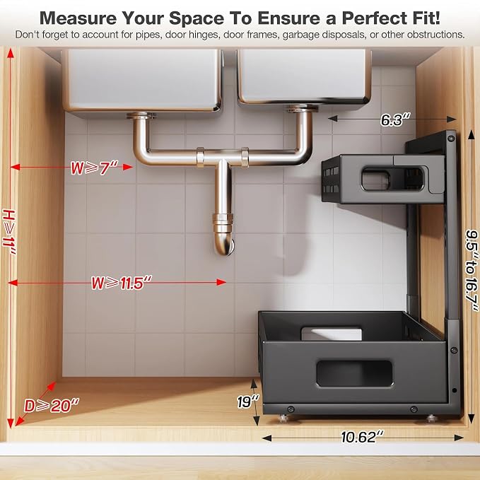 2 Pack 19IN-Depth Under Sink Organizer,Pull Out Cabinet Organizer With Smooth Cylindrical Rail,Metal Slide Out Drawer for Kitchen Bathroom Laundry,8-Level Tool Free Height Adjustable-Black
