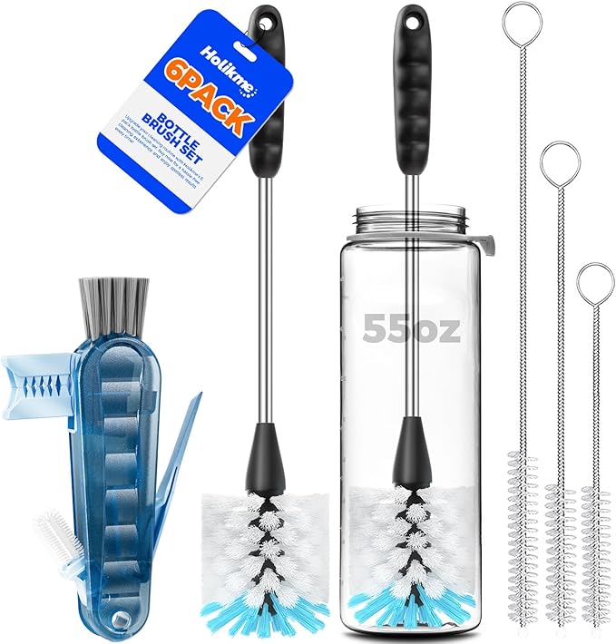 Holikme 6 Pack Bottle Brush Set, 14" Long Handle Stainless Steel Bottle Cleaner Brush, 3 Straw Brushes, 4-in-1 Bottle Cleaning Brush for Water Bottle, Baby Bottle, Blue&White