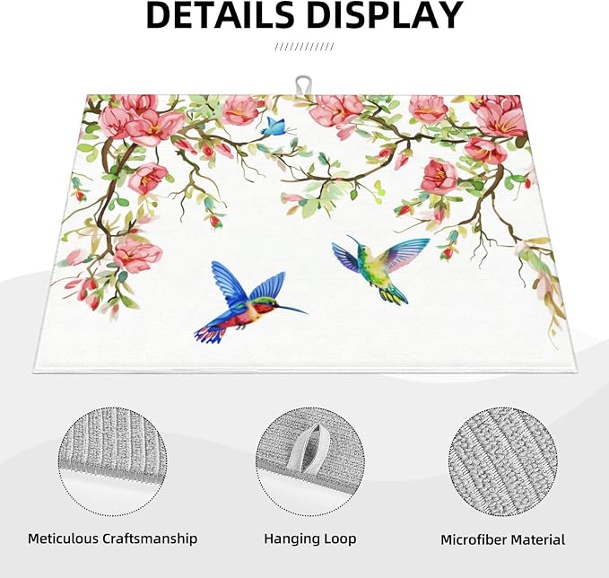 Hummingbird Butterfly Magnolia Dish Drying Mat For Kitchen Counter, Super Absorbent Microfiber Dish Drying Pad, Kitchen Gadgets For Easy Clean Multi-Use Large 18"x24"