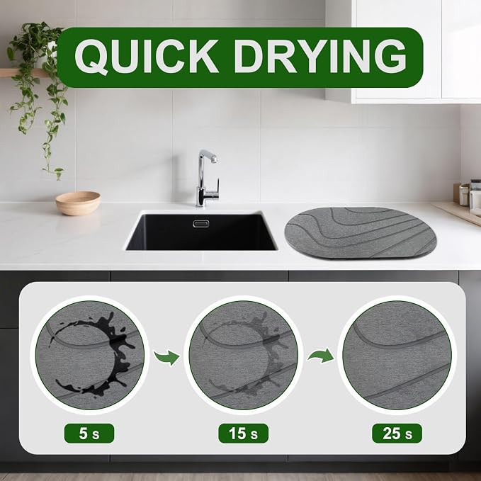 24"x16" Large Stone Drying Mat, Oval Diatomaceous Earth Dish Mat | Large fast-drying natural stone mat with curved stripes. Highly absorbent, heat-resistant, eco-friendly board