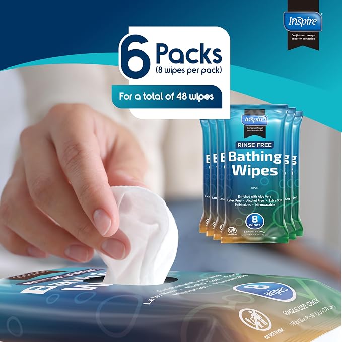 Body Wipes for adults bathing rinse free | Adult Wash Cloths Extra Large, Bathing Wipes for Incontinence, 8"x 8" In (48 count) | By Inspire