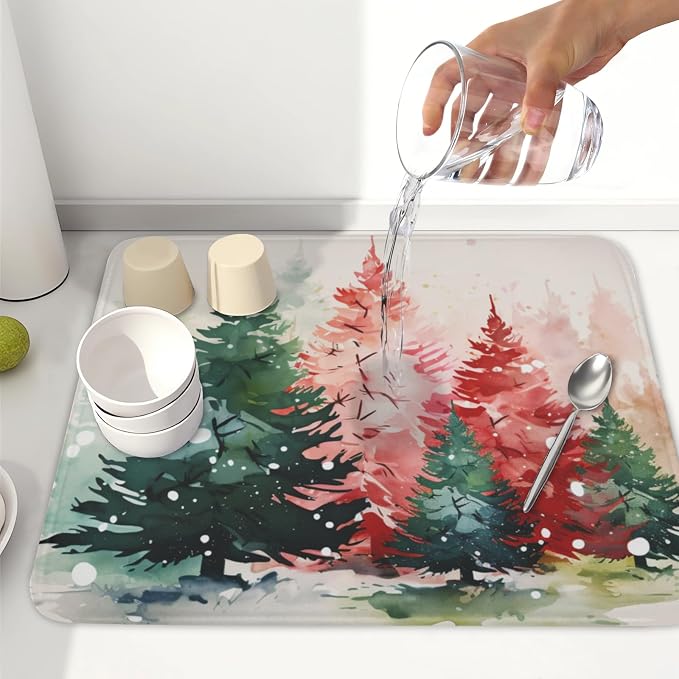 Christmas Dish Drying Mat for Kitchen Counter Xmas Theme Red Green Watercolor Trees Dish Drainer Mat Rustic Farmhouse Winter Holiday Absorbent Washable Drying Pad 16"x18"