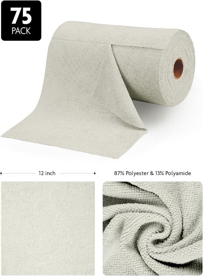 Fantasticlean Microfiber Cleaning Cloth Roll- 75 Sheets, 12"x12" (CoolGrey) | Super Absorbent, Lint-free, Tear-away Microfiber Towel Roll, for All-Purpose Cleaning, Reusable Alternative to Paper Towels