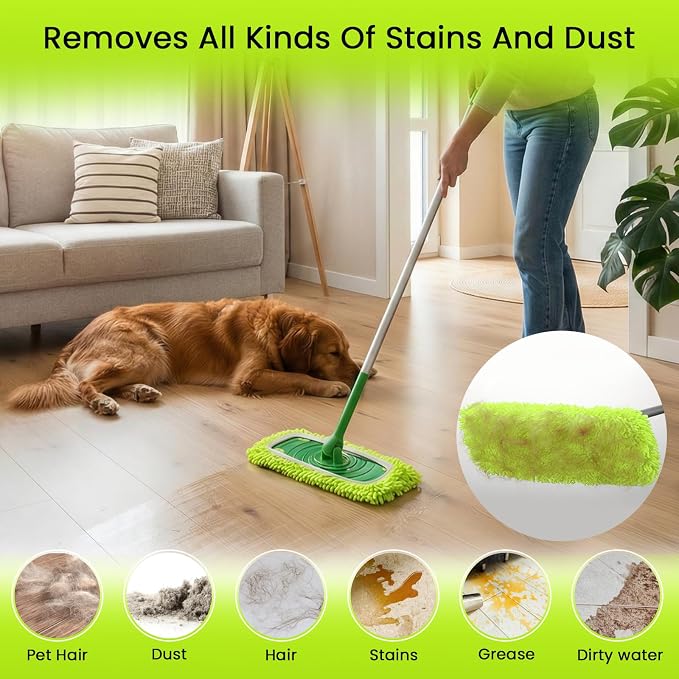 2-in-1 Reusable Microfiber Mop Pads Compatible with Swiffer Sweeper for Wet Mopping & Dry Sweeping, Two Types of Washable Heavy-Duty Mop Pad Refills for Multiple Floor Types Cleaning - 4Pcs, Green