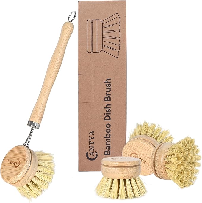 Bamboo Dish Brush with Handle - Soft Bristle Plastic Free Potato Scrubber Brush Compostable & Sustainable Produce Brush for Dishes Pots and Pans