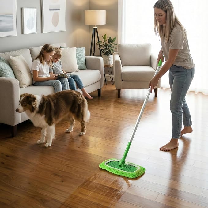 2-in-1 Reusable Microfiber Mop Pads Compatible with Swiffer Sweeper for Wet Mopping & Dry Sweeping, Two Types of Washable Heavy-Duty Mop Pad Refills for Multiple Floor Types Cleaning - 4Pcs, Green