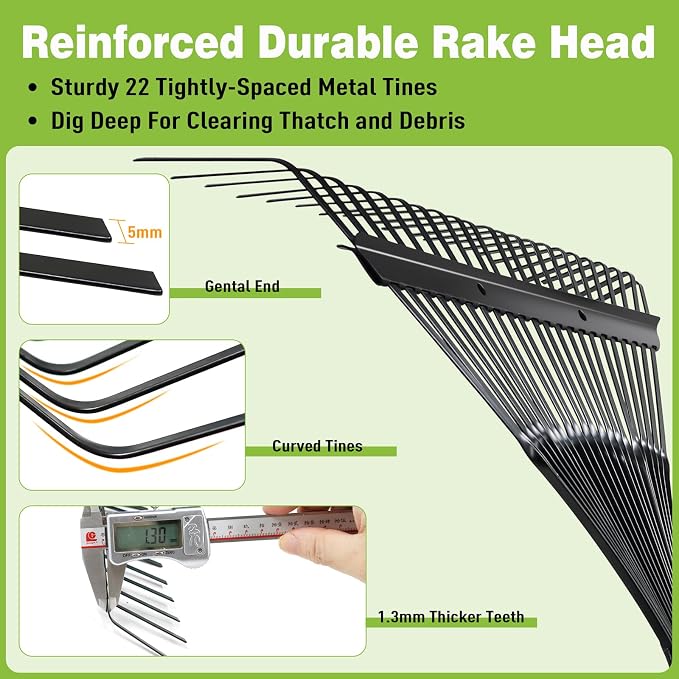 Altdorff Garden Leaf rake, 6FT Rake for Lawns Lightweight 22 Metal Tines 16.3 inch Wide, Adjustable Steel Handle, Rakes for Leaves, Gathering Shrub, Grass, Weeds, Debris,Yard