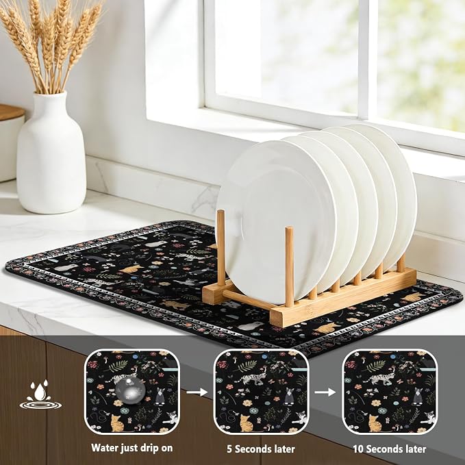 Dish Drying Mat, Vintage Rustic Boho Kitchen Dishes Absorbent Pad, 12x20in | Eco-friendly diatomite with non-slip rubber backing. Super absorbent mat for kitchen counters, coffee bars & sinks