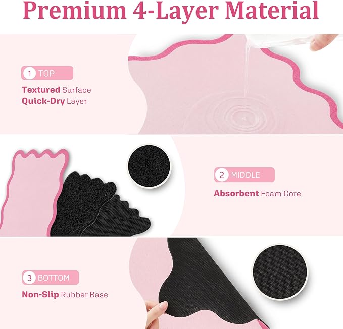 Scalloped Dish Drying Mat for Kitchen Counter, Absorbent Easy Clean Non-slip Coffee Bar Station Accessories, Trendy Cute Aesthetic Modern Drainer Kitchen Drying Mat, Pink 15" x 24"