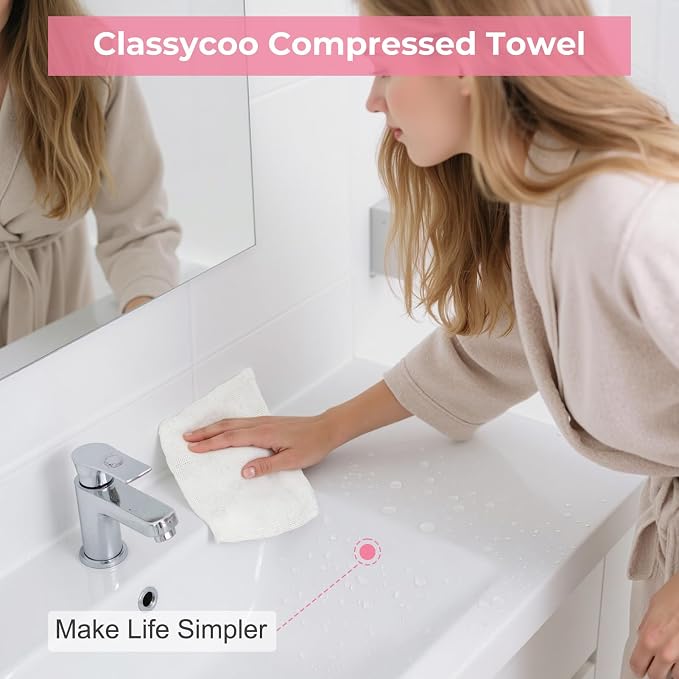 Classycoo 200 PCS Disposable Compressed Towels Tablets- Individually Wrapped Face Towel Travel, Portable Mini Magic Clean Towelettes Daily Single, Camping(Alcohol-Free, Odorless, Pink+White)