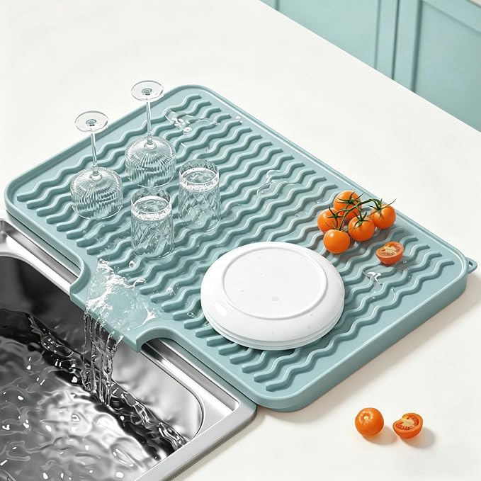 Rnivvi Silicone Dish Drying Mat for Kitchen Counter, 16 x 12" Drainer Pad with Drainage Spout, Non-Slip Countertop Protector Heat Resistant Trivet, Dish Rack Mat for for Sink Dishes, Shadow Green
