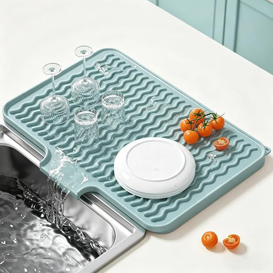 Rnivvi Silicone Dish Drying Mat for Kitchen Counter, 16 x 12" Drainer Pad with Drainage Spout, Non-Slip Countertop Protector Heat Resistant Trivet, Dish Rack Mat for for Sink Dishes, Shadow Green