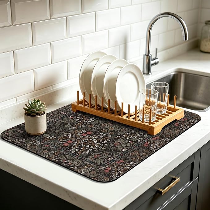 Vintage Floral Dish Drying Mat 16x18 Inch, Dish Mat Drying Kitchen Mats for Extra Large Absorbent Countertop, Aesthetic Boho Drying Matt Kitchen Counter Washable Heat Resistant Dish Drainer Rack Mat