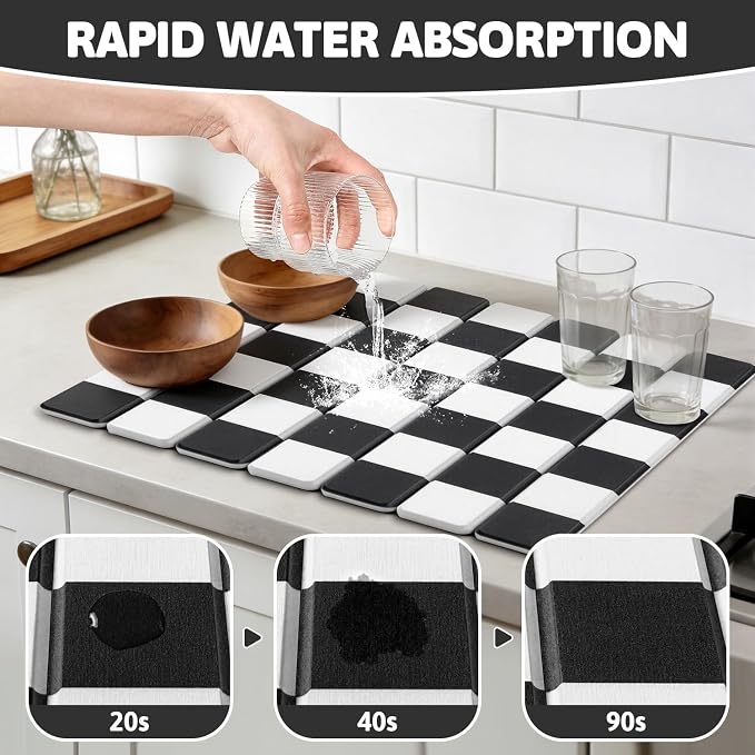 Yamaziot Large Stone Drying Mat for Kitchen Counter, 15.3"x24" Foldable Ultra Absorbent Stone Drying Mat, Quick-Dry Diatomaceous Earth Mat, Non-Slip Heat Resistant Mat for Dishes, Cups, Bottles, Black