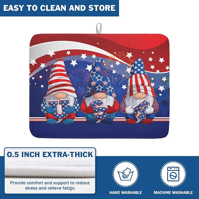 Kawani 4th of July Dish Drying Mat 18x24 Inch Spring Summer Patrioti Gnome Memorial Kitchen Mats Independece Day Absorbent Dishes Pad for Kitchen Counter Usa Stars Drying Mat Home Decor Countertops