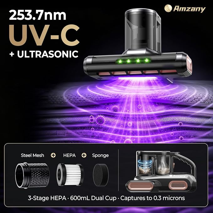 Amzany Mattress Vacuum Cleaner, 18Kpa Cordless Bed Vacuum with 253.7nm UV-C Light, 140°F Heat, HEPA Filter & Ultrasonic, Green Light Display & 52800 BPM Tapping for Bed Sofa Couch Pet Hair