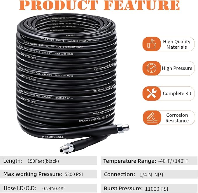 150FT Sewer Jetter Kit for Pressure Washer, 5800PSI Drain Cleaner Hose 1/4 Inch NPT Corner, Rotating and Button Nose Sewer Jetting Nozzles, Waterproof Tape and 2 Spanners (Black)