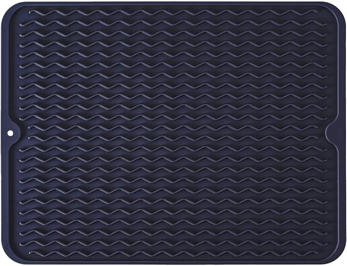 Large 17" x 14" Silicone Dish Drying Mat for Kitchen Counter, Easy clean, Quick Dry, Heat-resistant Dish Drainer Mat for Sink,Refrigerator or Drawer liner (Food Grade Silicone-Dark Blue)