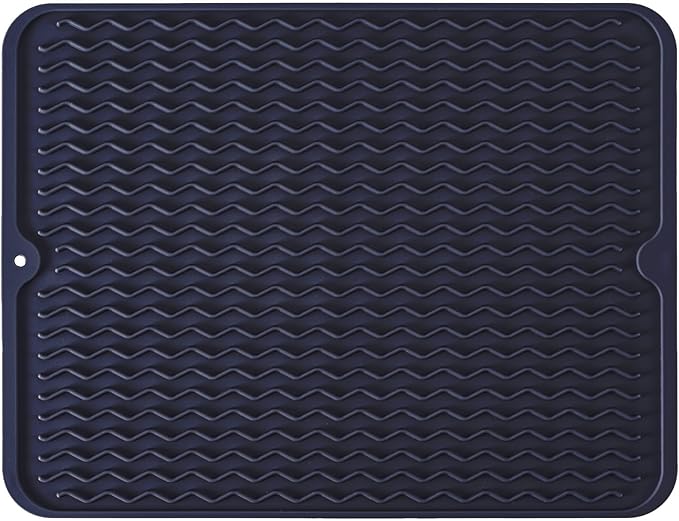 Silicone Dish Drying Mat for Multiple Usage, Easy clean, Eco-friendly, Heat-resistant Dish Drainer Mat for Kitchen Counter,Sink,Refrigerator or Drawer liner (16" x 12", Dark Blue)