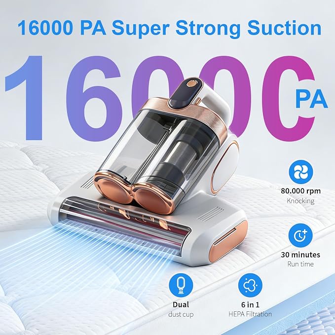 Cordless Mattress Vacuum Cleaner with UV-C Light - Advanced Dust Removal & Deep Cleaning Technology for Beds, Sofas, Carpets, Pet Hair and Household Dust, Handheld sofa Vacuum Cleaner for Home Use