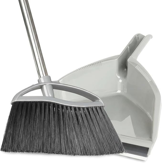Soft Bristle Broom and Dustpan Set, Long Handle for Indoor Floor, Hardwood | Angled Broom Reach Corners and Cabinets, Rubber Lip Traps Fine Dust. Perfect for Tile, Office, Kitchen.