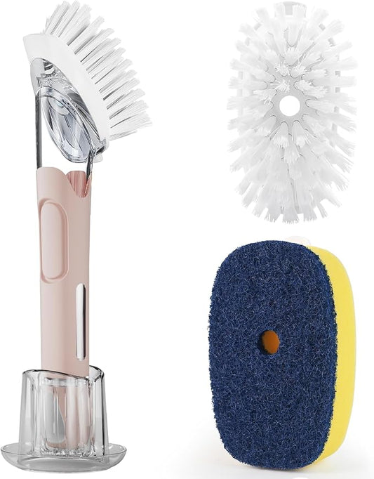 RIMAY Dish Brush Set with Soap Dispenser, 2 Refills and Storage Holder | Soap Dispensing Dish Brush dish scrubber with handle for Cleaning Dishes, Pans, Sink, Pots, Pink