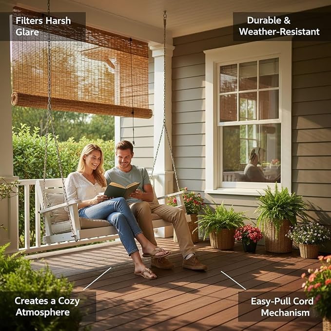 Retro Bamboo Roll up Blinds, Outdoor Reed Shades for Patio & Porch, Waterproof Roller Window Shades with Lift, Blackout Privacy Screen for Home Garden, 24" 36" 48" 60" 72" Wide Brown(44" W x 64" H)