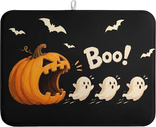 Halloween Ghost Dish Drying Mats Spooky Pumpkin Dish Mat Bat Drying Matt Dishes Dryer Pad for Kitchen Counter Absorbent Microfiber Washable Foldable Reusable 18x24 in