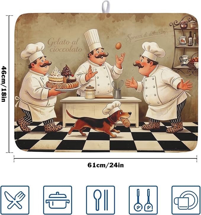 Fat Chef Dish Drying Mat For Kitchen Counter 18x24 Inch Microfiber Absorbent Drying Pad Chef Kitchen Drying Mat Dishes Pad Dish Drainer Rack Mats For Coffee Bar Decor Mats