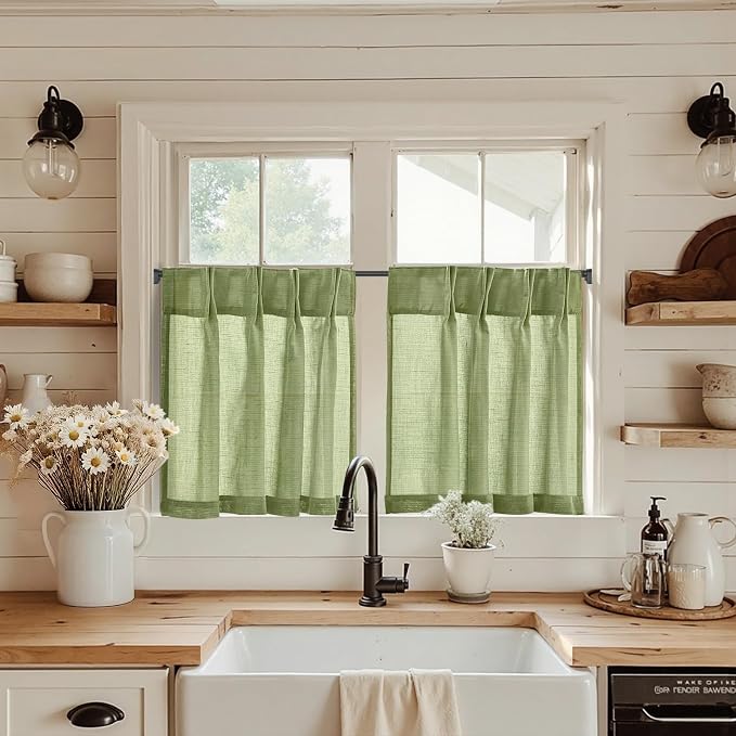 jinchan Linen Pinch Pleated Back Tab Tier Curtains, 26x30, 2 Panels, Green | Light filtering,small window treatment,cafe curtains,machine washable,farmhouse,kitchen,bathrooms,laundry