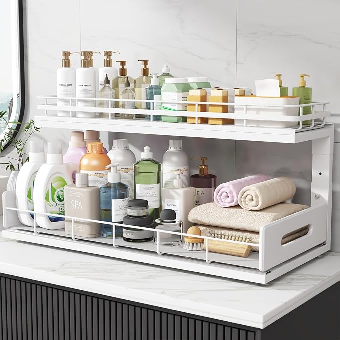 Under Sink Organizer Upgrade To Professional Rails,2-Tier Dual Pull Out Cabinet Storage,Height Adjustable Slide Out Drawers For Bathroom Kitchen,2 Pack-21"Dx12.8"-16.9"H,White