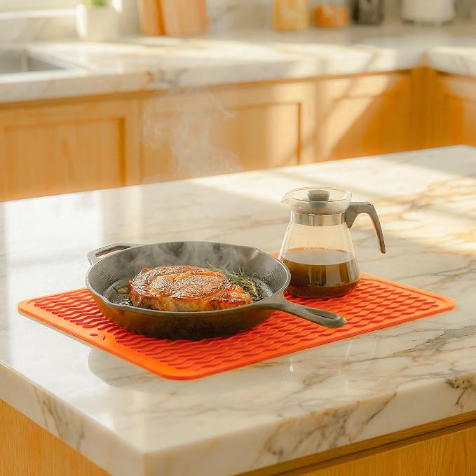 MicoYang Silicone Dish Drying Mat — Quick-Dry Ridges Counter & Sink Pad, Heat-Resistant Trivet to 450°F, Non-Slip & Dishwasher Safe, Roll-Up Storage, 18 Colors & 9 Sizes (Orange, 16"×12")
